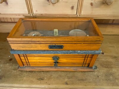 A vintage wooden case pharmacist scale, plus 2 additional scales.- NO RESERVE