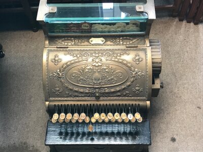 A vintage National cash register.
43cm high 
42 wide
40 deep
Approximately