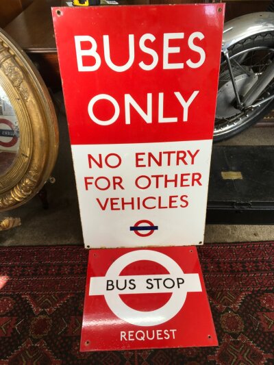 Two enamel bus stop signs, largest approx 45cm x 79cm.