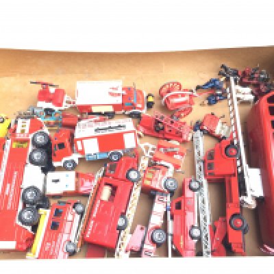 A Box Containing Loose Diecast Fire Engines and 1 Tinplate Clockwork Engine.