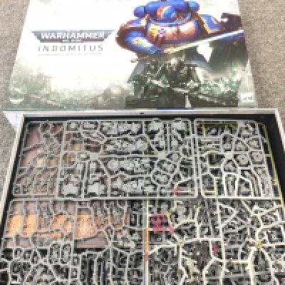 A Box Containing Plastic Warhammer Kits. Some have been painted and built.