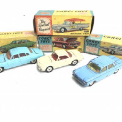 3 X Boxed Corgi Vehicles including a Jaguar Mark X #238. A Volkswagen 1500 Kerman Ghia #239. A Chevrolet Corsair #229 and a Empty Box For A Bermuda Taxi #430.No Reserve.