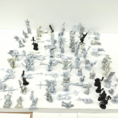 A box containing approximately 100 metal figures from a warhammer collection mostly unpainted. Made by Grenadier..Ral Parthia and others.