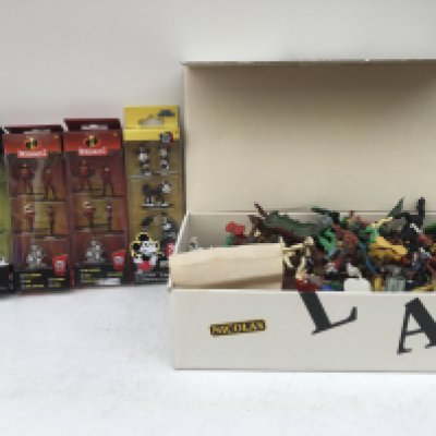 Four sets of Disney die cast minatures featuring INCREDIBLES 2..NIGHTMARE BEFORE CHRISTMAS..MICKEY.. Also a box containing plastic models comprising cowboys and Indians..Knights ..horses..a covered wagon.. some by Britains.