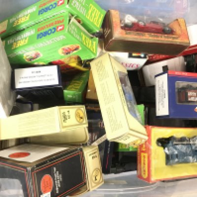 A Box Containing Reproduction Dinky Toys. Matchbox Models Of Yesteryear. Hornby and Bachmann.