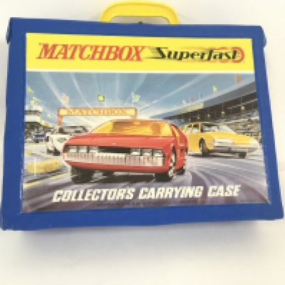 A collection of Matchbox Superfast in carrying case.