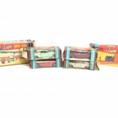A Collection of Boxed Lone Star Impy Super Cars. A Service Station (Mobile Sign Missing) and a Car Ramp. Cars in Various States.