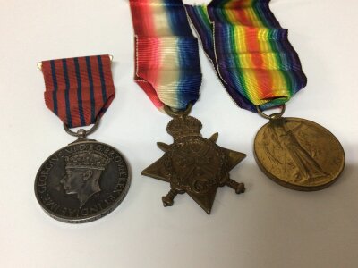 An Important II world war medal. The George Medal. First issued in 1940 for outstanding civilian bravery. Awarded to Bertie Vincent Poole Romford. ‘ Given for outstanding Bravery, II world war. The Heroism of Bert Poole and John Grayson.  is a significant Historical Event in Romford and the surrounding area. In December 1940 The German Luftwaffe targeted and bombed Romford which at the time had a concentrated area of industry, Railway Viaducts The Romford Brewery and The Romford Gas Works in Crow Lane. The Gas works took a direct hit causing fire and escaping gas. Bertie Poole engineer and John Grayton climbed onto the structure The massive Gas Cylinder Storage tank.. Plugging holes of leaking gas and extinguishing fires. They risked their own lives to save the population of Romford. Had the gas works exploded this would have caused Catastrophic damage to the surrounding area for miles. Both were Presented The George Medal by King George VI. Also sold with other family medals I World war awarded to GNR. 44522 A H Poole RFA. (3)