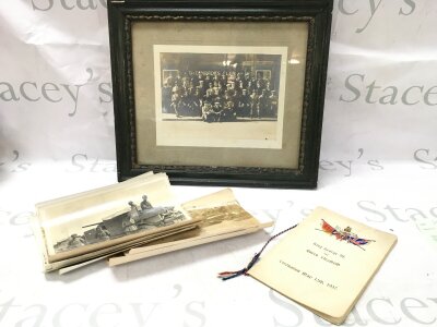 A Militaria comrades club photo frame , WW1 War Photos Dagshi Hill etc, RMS Rnahine signed menu card. No reserve