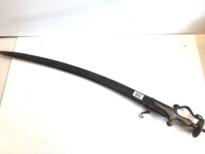 A 19th century Indian steel Tulare sword with disc shaped pommel. Leather scabbard 
.