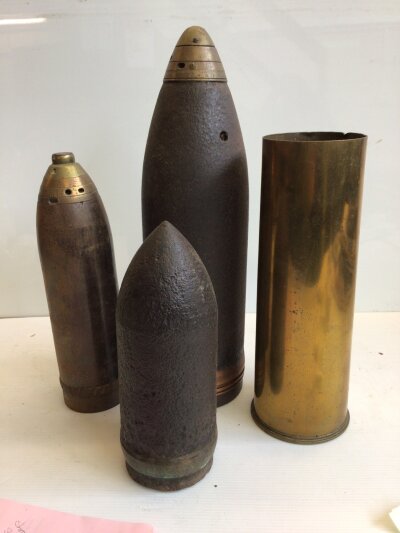 Three Military Shell heads shrapnel cases with brass timers inert possible I world war (4)