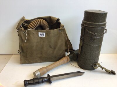 Two II world war Gas masks a Navy divers Knife possible SBS 1970s a German type stick grenade.