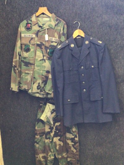 American Air Force dress jacket and also camouflage jacket and trousers Vietnam era. With attached cloth badges. (3)
