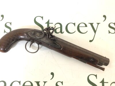 A nice example of a late 18th century or early 19th century flintlock Man stopper Pistol. With a large boar. Nice octagonal Damascus barrel walnut stock steel mechanism no obvious proof or makers marks functional action. Length 35cm