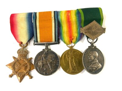 WW1 Medal group awarded to PTE.F.R MOYLE R.A.M.C, 1914-15 star, 1914-18 medal, Great War medal, Territorial Long service medal. (Attached John Guy collar)