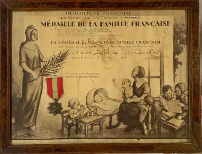 A framed French Medaille De La Famille Francaise with certificate 43cm x 33cm.