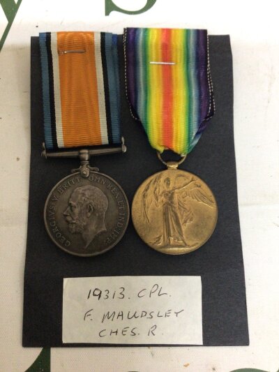 Two I world war Medals awarded to 19313 CPL F Maudsley  Ches Reg. (2)