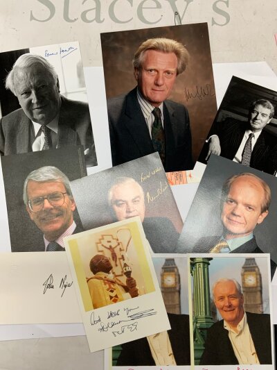 A collection of political autographs, signed photos, some letter headed Hose of Commons. to include, Enoch and Pamela Powell, John Major, Edward Heath, Ian Paisley, Mo Mowlem, Jeffrey Archer, Bishop Desmond Tutu, Tony Benn, William Hauge, Norman Lamont, Paddy Ashdown, Michael Heseltine, David Owen. Etc..