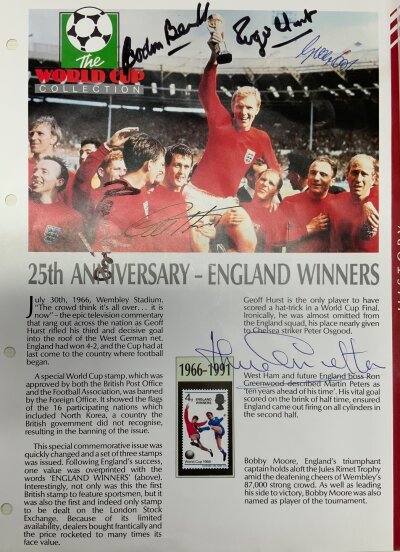 England 1966 World Cup Football Autographs:
Genuine autographs from the 1990 Masterfile collection. A4 card depicting Bobby Moore holding the World Cup signed by Hurst Moore and Peters. Another page is signed by Alf Ramsey and another by Jack Charlton. The item has been later signed by 5 teammates.