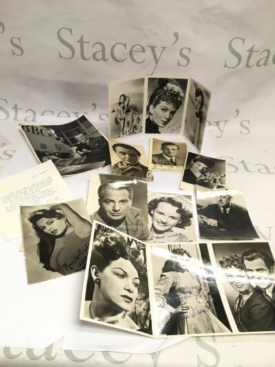 A large quanity pf film ephemera signed photo's including American actress Jane Frazee, british signer and actress Petula Clark, English actor Sir Alec Guinness, french actress Brigitte Bardot, British stage film and television actor Harold Warrender, Jean Kent, Mcdonald Hobley, Actor Naunton Wayne and Rossano Brazzi and signed photo with letter from Paris from Olivia De Havilland (Bridget Bardot)