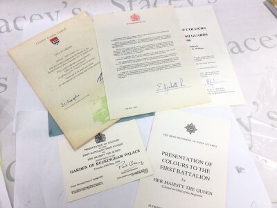 Signed Her Majesty Queen Elizabeth II letter on Buckingham palace header with a transcript of the days speech by her Majesty Queen Elizabeth II. A transcript of reply from Lieutenant-Colonel H. R. G. Wilson, a ceremony programme and three admittance tickets ,a GLC certificate awarded to 24262458 Guardsman Michaels TA, and other quantity of ephemera relating to the ceremonial Presentation of the Colours to the 1st Irish Guards, 24th May 1988.