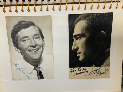 A large collection of 1940s -1960s TV and Film stars, autographs include Dickie Valentine, Rock Hudson, Alistar Simms, Kenneth Williams, Lionel Bart, Roy Castle, Peter Snow, Christopher Lee, Robert Langley, Robert Mitchum… plus a large number of printed and auto pen autographs.