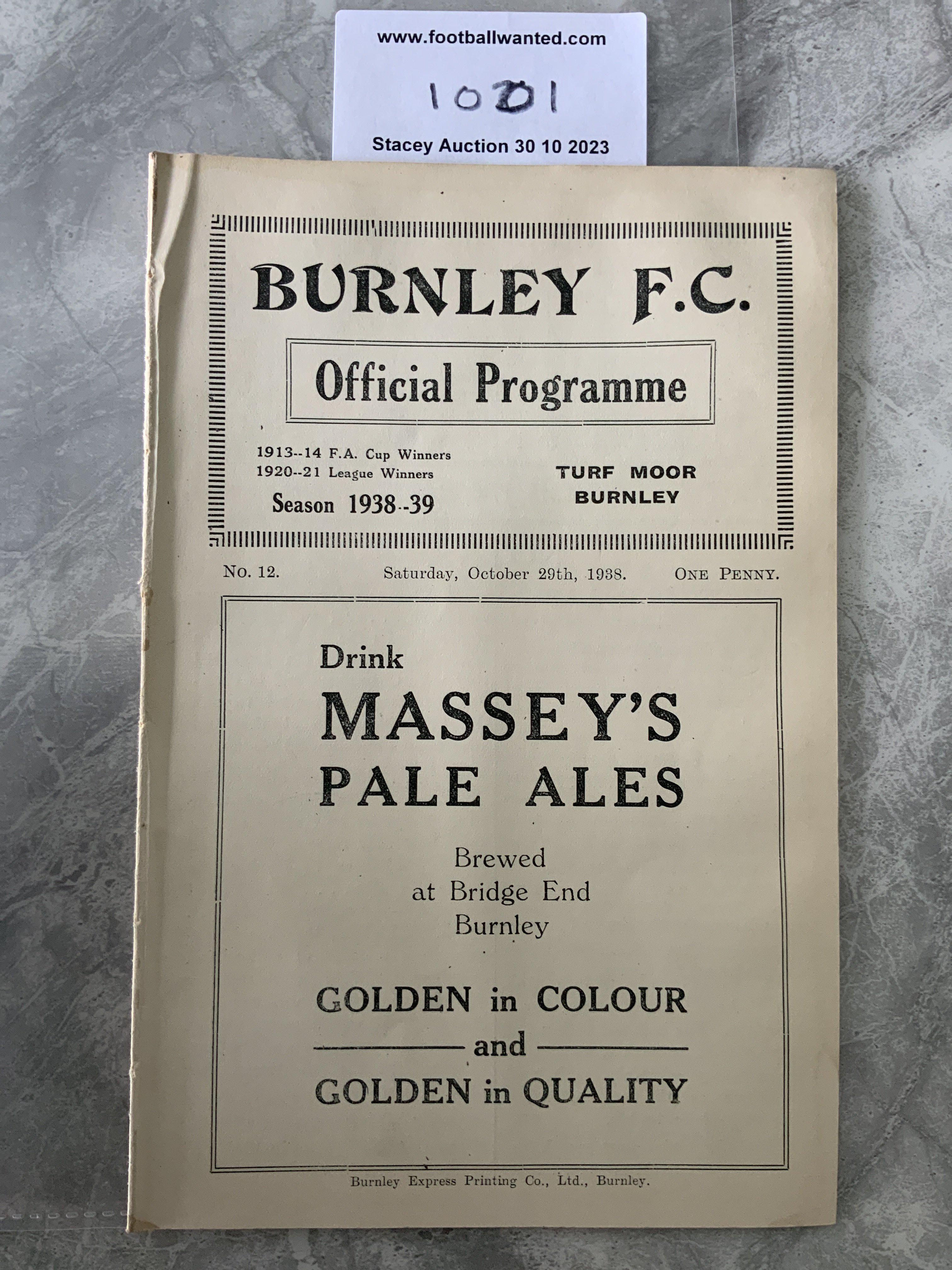 38/39 Burnley v Bury Football Programme: Very good condition 2nd Division ex bound volume with no team changes. Covers intact.