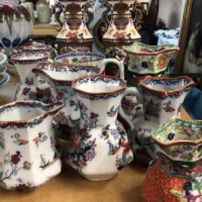 A pair of Chinese style limited edition 20th century Mandarin Vases and a quantity of Masons and other Victorian Ironstone china vases and jugs. No Reserve.