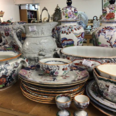A large collection of Victorian and later Ironstone china including a Masons hunting jug with raised relief plates vases jugs chamber pots. No Reserve.