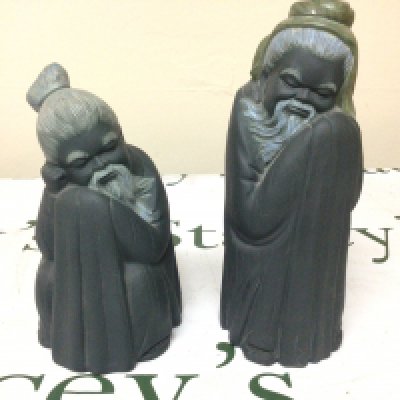 Two Lladro figures of Chinese elders at rest with a blue slate finish Matt glaze. Height 20cm no obvious damage.