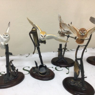 A Collection of Modern metal and ceramic Owl ornaments with makers sculpture stamp David Fryer. (6)
