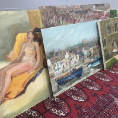 A collection of unframed oil on canvas paintings by Jean Kevan (1916-2006). Back Gardens in Southend, Country lane, nude etc.