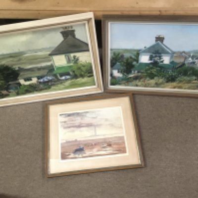 Framed oil on canvas paintings by Jean Kevan (1916-2006) of local Leigh on Sea views (frame sizes 84x53cm & 82x52cm) and a framed watercolour titled Evening in the Thames Estuary. (54x44cm)