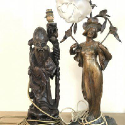 An Art Nouveau style simulated bronze lady figure lamp and a Chinese wooden carved figure lamp. This lot cannot be posted- NO RESERVE