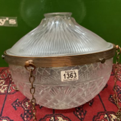 A 1940s Cut glass lamp shade with copper finished mounts and chains with additional homophone pressed glass cover. 32cm Diameter x Depth 34cm. (Slight rim chips).