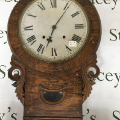 A late Victorian inlaid rosewood cased wall clock with key and pendulum 41cm diameter 70cm length