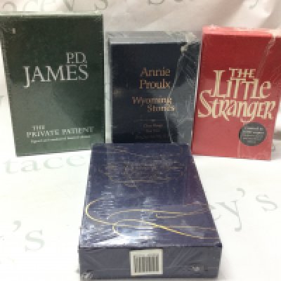 Four sealed books- P.D James The Private Patient signed an numbered edition, Annie Proulx Wyoming Stories, The Little Stranger signed and limited edition, The Meaning of Night A confession Micheal Cox. postage category C
