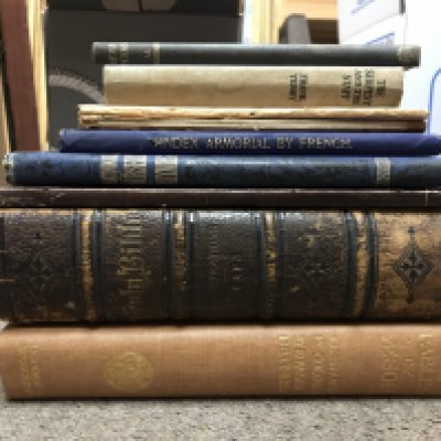 Collection of books including more poems by A.E HOUSMAN Jonathan cape, The Serpent and the staff by Frank Yerby 1958, Scottish Highlands and The Wye water colours by Sutton Palmer, Index Armorial by French number 171 of 200, National Nursery Rhymes set to original music by J.W. ELLIOTT George Routledge and sons, Holy Trinity Church 1882 memorial window to the Kate Rev Peter French, 19th century leather bound bible , The Fables of Aesop illustrated by Edward J Dermold Hodded and Stroughton. Postage category C- NO RESERVE