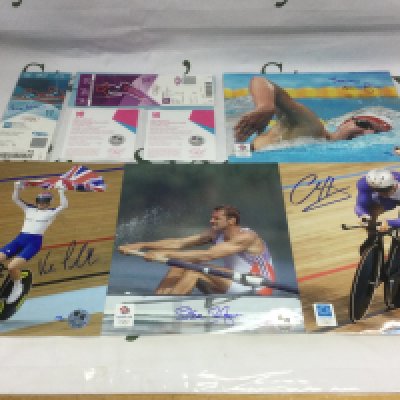 A small collection of signed GB Olympic memorabilia comprising tickets and photos. Names include Steve Redgrave, Chris Hoy and others.