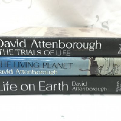 Three David Attenborough books- The Trials of life (signed) , The Living planet (signed) and Life on earth. Postage category C
