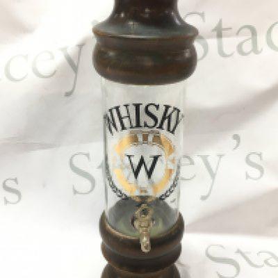 A glass whisky container with brass tap on wooden base and top, this lot cannot be posted