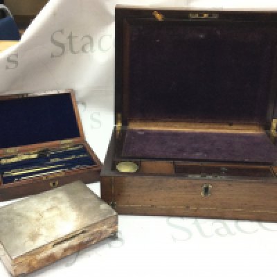 Writing slope, brass drawing instrument set, silver plated box. Postage category C