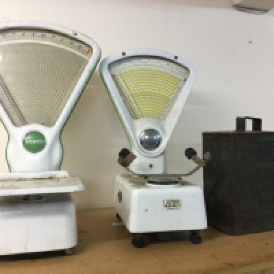 Vintage Avery and express shop scales and a Shell Mex BP oil can . This lot cannot be posted