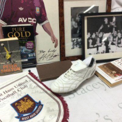 A collection of West Ham United football memorabilia including signed books, prints, players signed boot featuring signatures by Frank McAvennie , Tony Cottee and Mark Ward etc. this lot cannot be posted