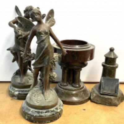 A 12.5cm serpentine marble font, Model lighthouse together with 2 Spelter figures of fairy&#2013266057۪s.