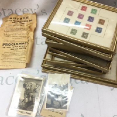A collection of framed unused and used German Third Reich stamps, Proclamation to the population of the isle of jersey and postcards . This lot can be posted without frames.