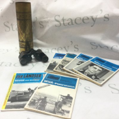 A WW1 Trench art decorated shell Jerusalem , 6 Der Landser Grossband German war magazines a pair of Bausch & Lomb USA military Stereo 6x30 binoculars . Postage category C