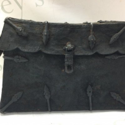 A Tibetan Yak Skin and iron bound saddle box . 17cm tall 25cm wide 13cm long approximately. Postage category C