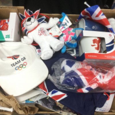 Two boxes of 2012 London Olympics and 2002 Manchester Commonwealth games memorabilia and ceramics. Shipping category D.