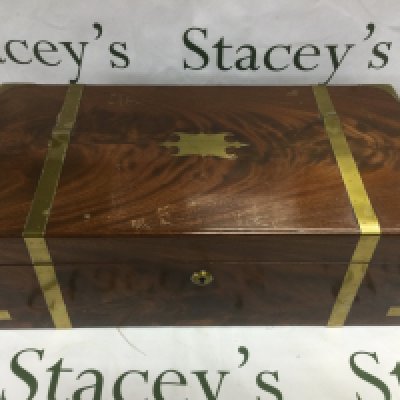 A brass bound walnut writing slope, approx 50.5cm x 26cm x 16.5cm. Shipping category D.